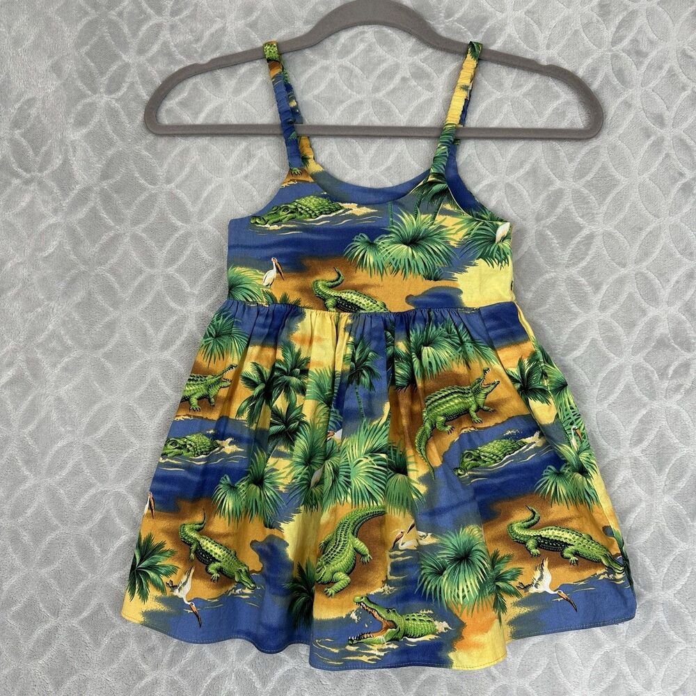 Vtg Hawaiian Sun Dress Girls 3-4 Blue Cotton Luau Vacation Tropical Beach Retro